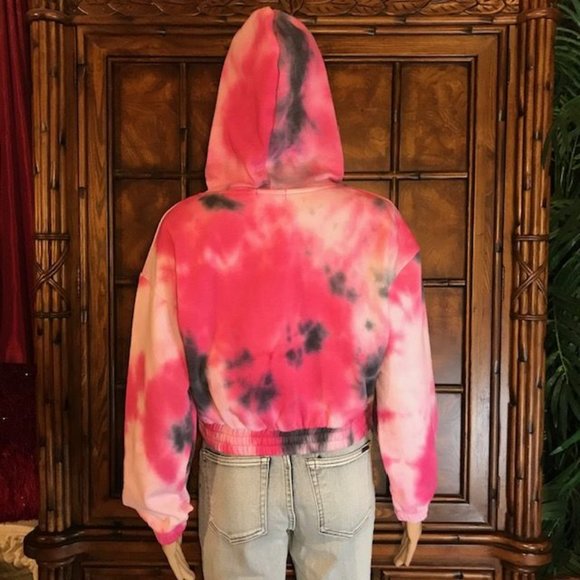 Raspberry Fleece Lined Cotton Blend Cropped Tie Dye Sweatshirt Hoodie - Picture 4 of 15